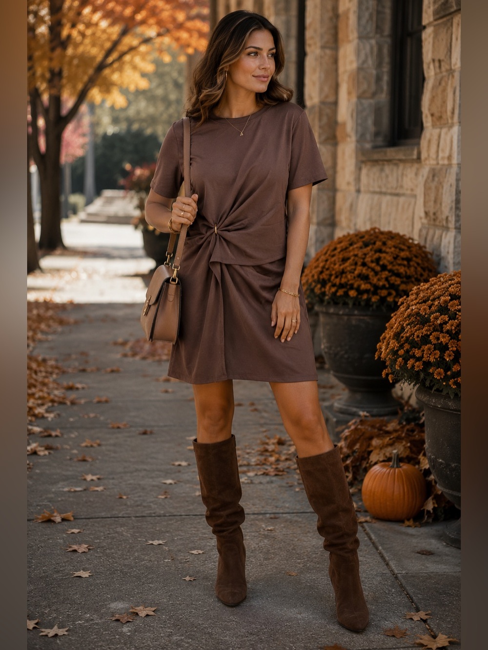 ✨Rachel Zoe Twist Front Mini Dress Brown Short Sleeve Size L